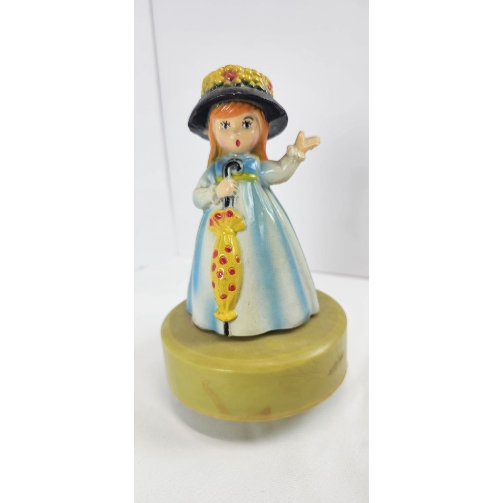 Vintage 50s Musical Girl Figurine Umbrella Blue Dress Hong Kong Wind Up 6"